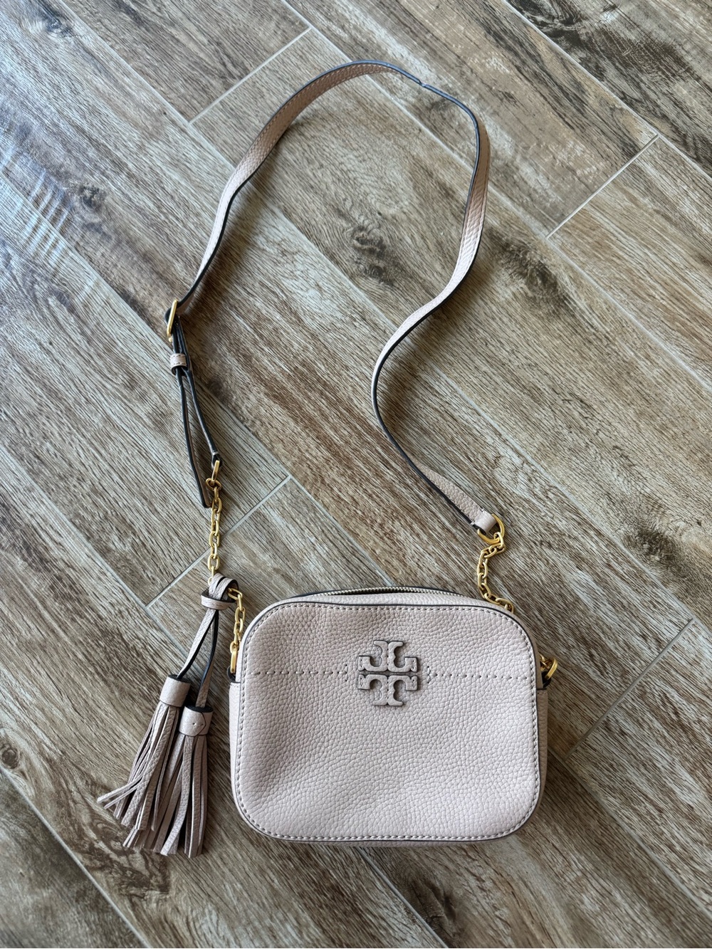 Tory Burch Blush Pebbled Leather Crossbody with Tassel